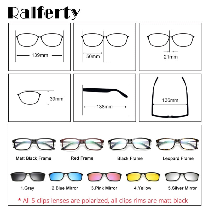 Ralferty Unisex Full Rim Eyeglasses With Clip On Sunglasses Tr90 8803 With Clip Ons Ralferty