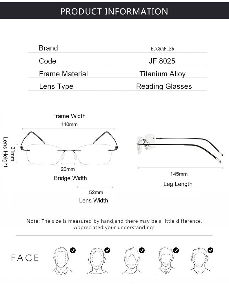 Hdcrafter Unisex Rimless Rectangle Titanium Frame Reading Glasses 8025 Reading Glasses Hdcrafter Eyeglasses