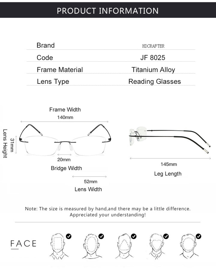 Hdcrafter Unisex Rimless Rectangle Titanium Frame Reading Glasses 8025 Reading Glasses Hdcrafter Eyeglasses