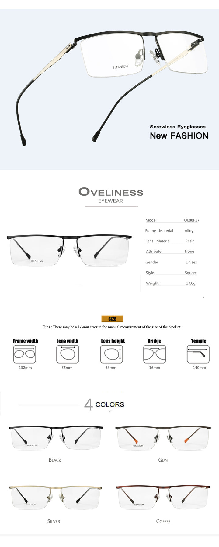 Oveliness Men's Semi Rim Square Titanium Alloy Eyeglasses Ol88p27 Semi Rim Oveliness