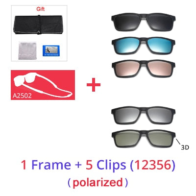 Ralferty Unisex Square Eyeglasses With Clip On Sunglasses With Clip Ons Ralferty 1Frame 5 Clips 12356 Full black frame