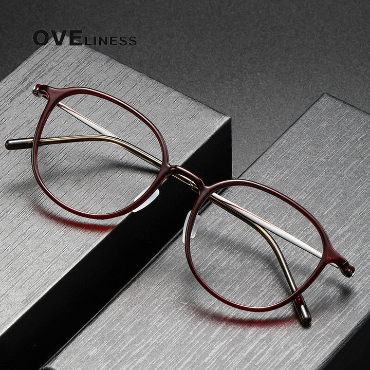 Oveliness Unisex Full Rim Round Square Acetate Titanium Eyeglasses 8633 Full Rim Oveliness