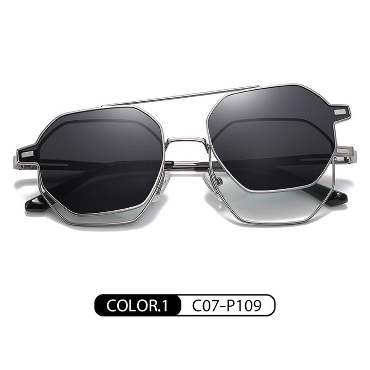 Zirosat Unisex Full Rim Polygon Round Alloy Eyeglasses Clip On Sunglasses CG8801 Clip On Sunglasses Zirosat black  