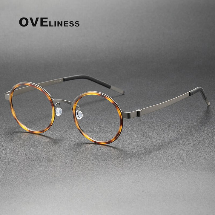 Oveliness Unisex Full Rim Round Acetate Titanium Eyeglasses 9707 Full Rim Oveliness tortoise gun