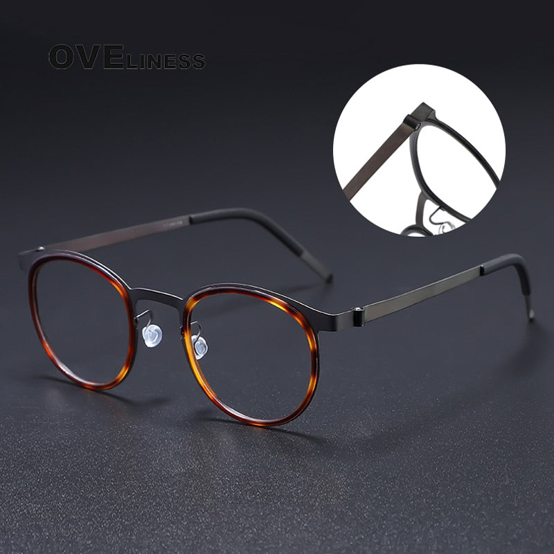 Oveliness Men's Full Rim Round Acetate Titanium Eyeglasses 9704 Full Rim Oveliness