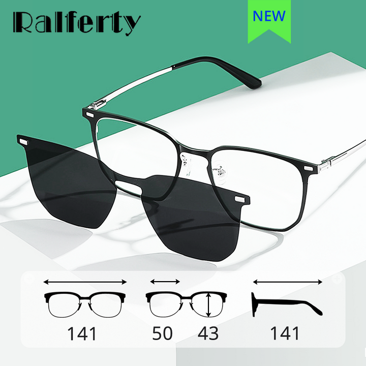 Ralferty Unisex Full Rim Square Alloy Acetate Eyeglasses With Clip On Polarized Sunglasses D8201 With Clip Ons Ralferty