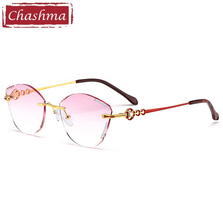 Chashma Women's Rimless Cat Eye Titanium Frame Diamond Cut Eyeglasses 9110 Rimless Chashma Gold Red