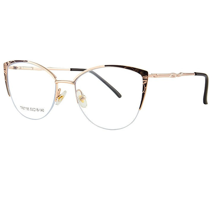 Yimaruili Women's Semi Rim Square Cat Eye Acetate Alloy Eyegllasses 87198 Semi Rim Yimaruili Eyeglasses Tea Gold C4