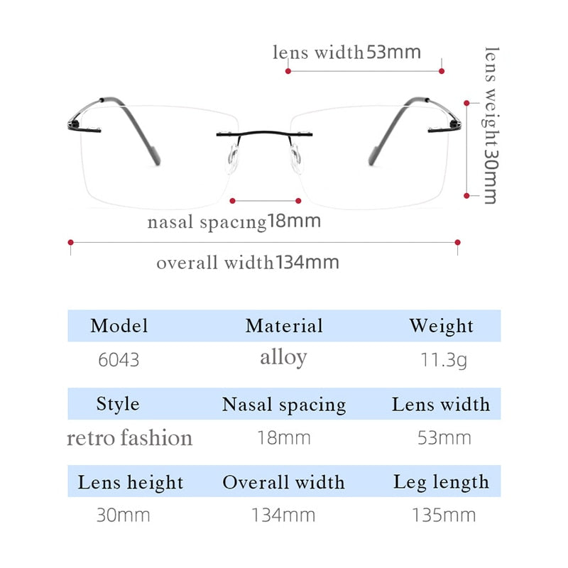 Hotochki Unisex Rimless Rectangle Alloy Frame Eyeglasses 6043 Rimless Hotochki