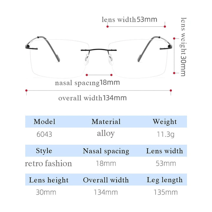 Hotochki Unisex Rimless Rectangle Alloy Frame Eyeglasses 6043 Rimless Hotochki