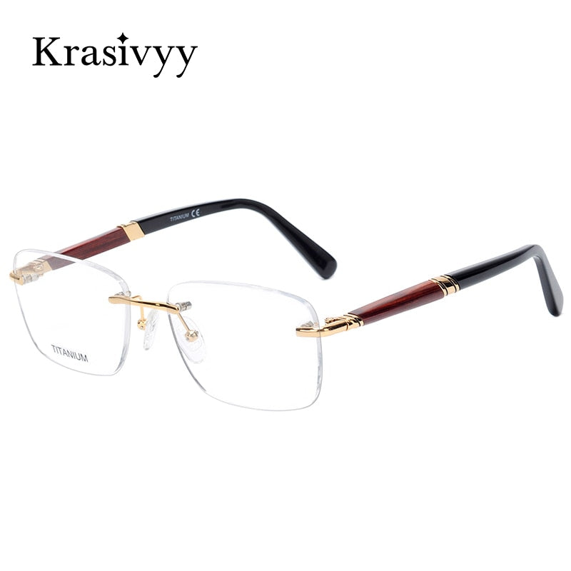 Krasivyy Unisex Rimless Square Titanium Wooden Eyeglasses Ls01 Rimless Krasivyy