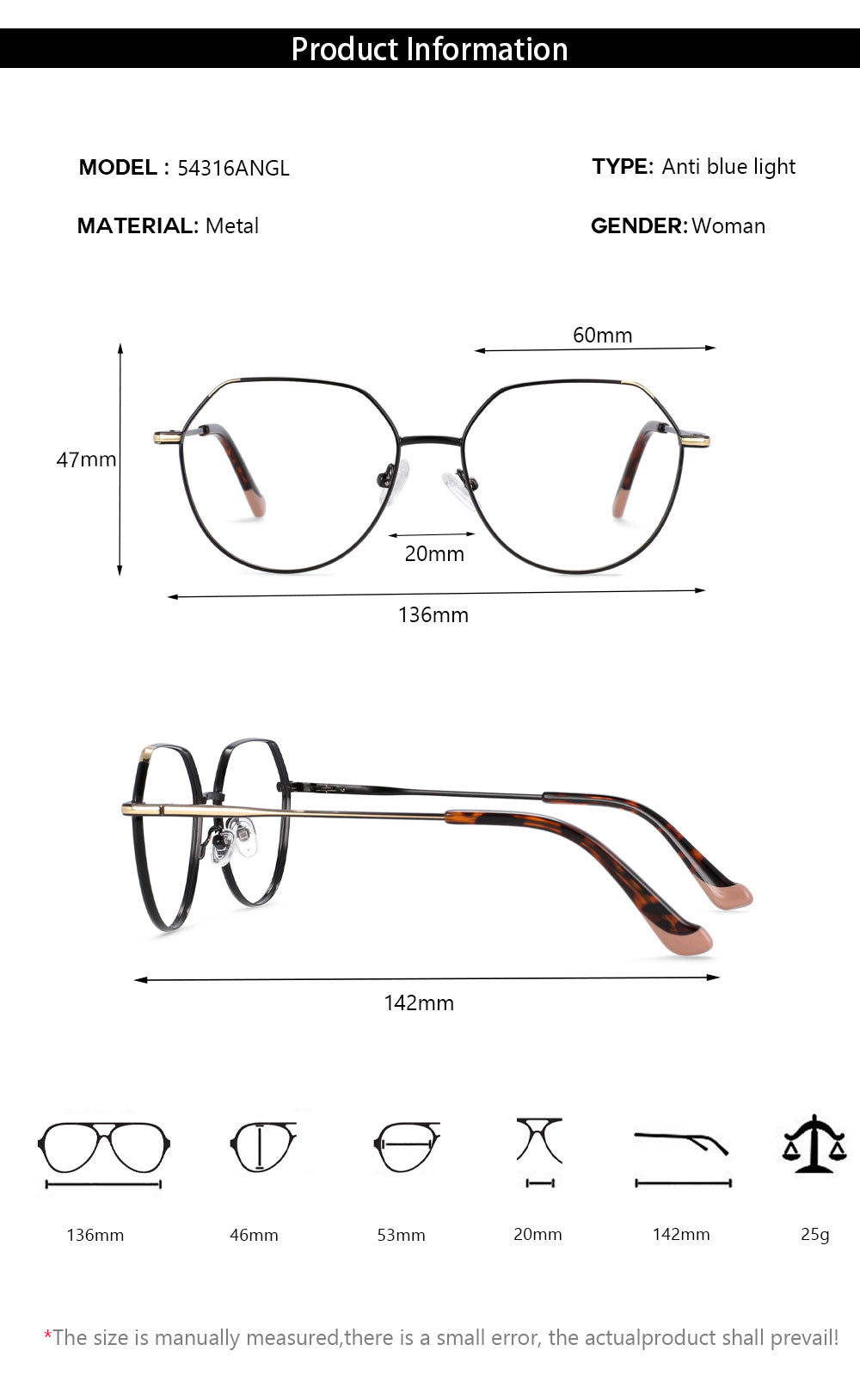 CCspace Unisex Full Rim Polygonal Round Alloy Frame Eyeglasses 54316 Full Rim CCspace