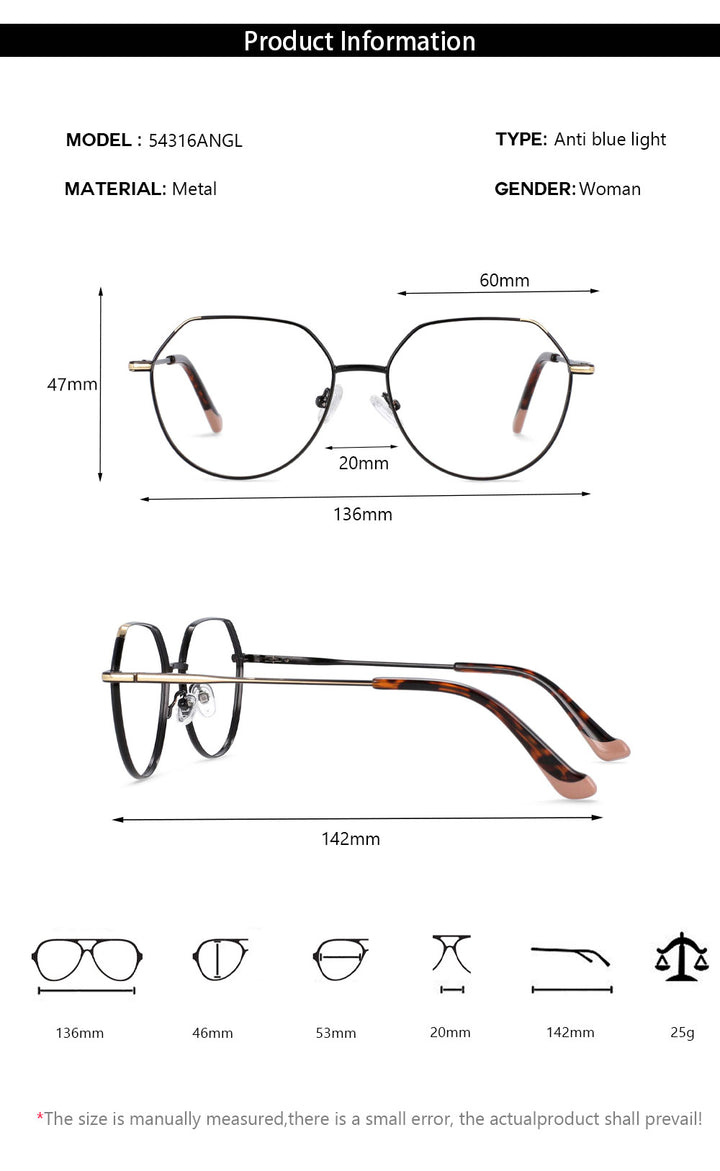 CCspace Unisex Full Rim Polygonal Round Alloy Frame Eyeglasses 54316 Full Rim CCspace