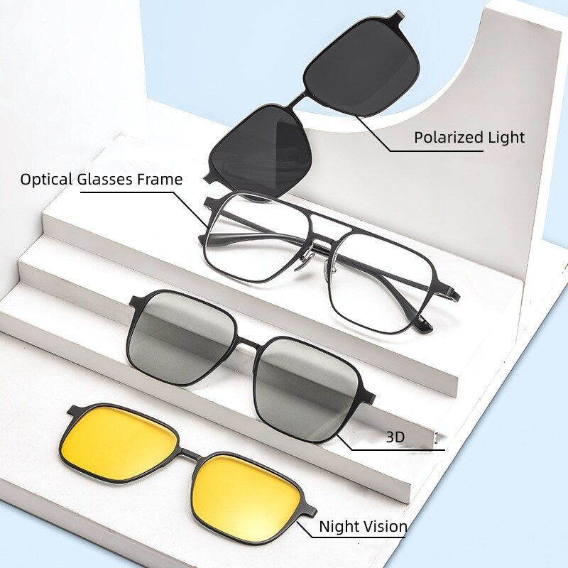 Yimaruili Unisex Full Rim Square  Aluminum Magnesium Titanium Eyeglasses Clip On Sunglasses 9908 With Clip Ons Yimaruili Eyeglasses