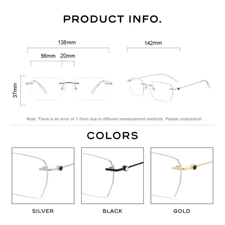 Hdcrafter Unisex Rimless Square Alloy Eyeglasses 0621 Rimless Hdcrafter Eyeglasses