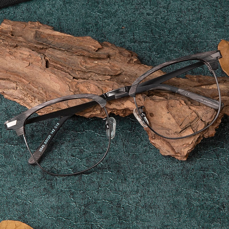 Hdcrafter Unisex Full Rim Oversized Round Square Wood Alloy Eyeglasses 3543 Full Rim Hdcrafter Eyeglasses Grey-C15