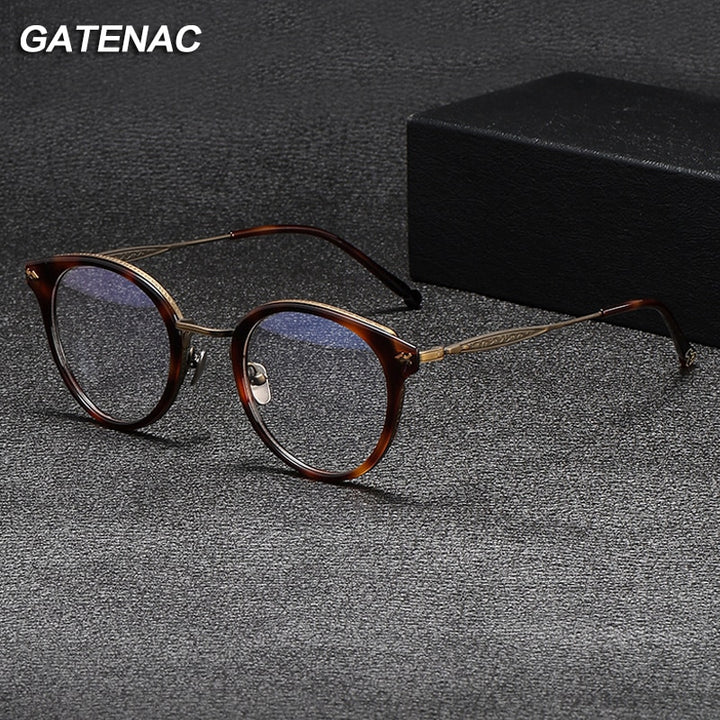 Gatenac Unisex Full Rim Round Acetate Titanium Eyeglasses Gxyj1058 Full Rim Gatenac