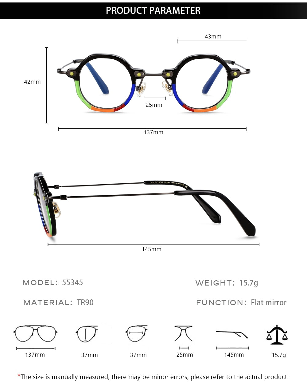 CCspace Unisex Full Rim Polygonal Round Acetate Titanium Eyeglasses 55345 Full Rim CCspace
