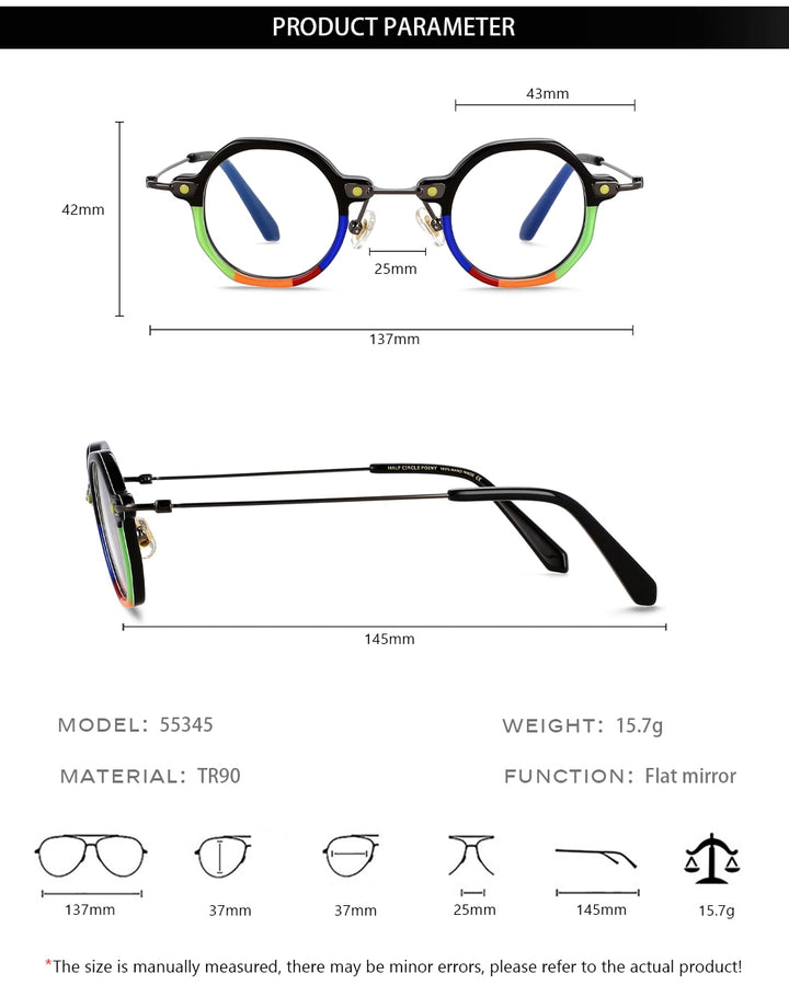 CCspace Unisex Full Rim Polygonal Round Acetate Titanium Eyeglasses 55345 Full Rim CCspace