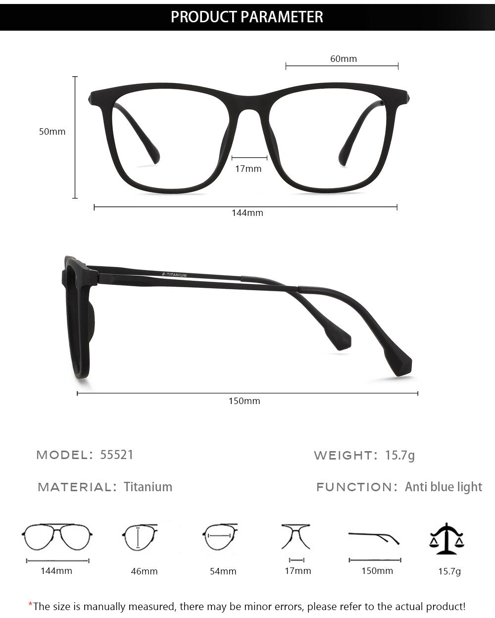 CCspace Unisex Full Rim Square Tr 90 Titanium Eyeglasses 55521 Full Rim CCspace