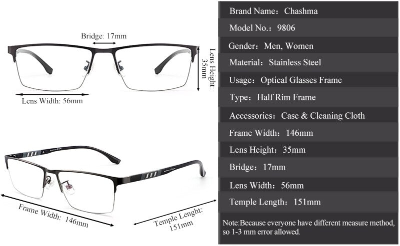 Chashma Unisex Semi Rim Stainless Steel Frame Eyeglasses Semi Rim Chashma