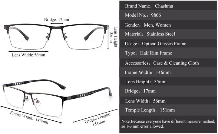 Chashma Unisex Semi Rim Stainless Steel Frame Eyeglasses Semi Rim Chashma