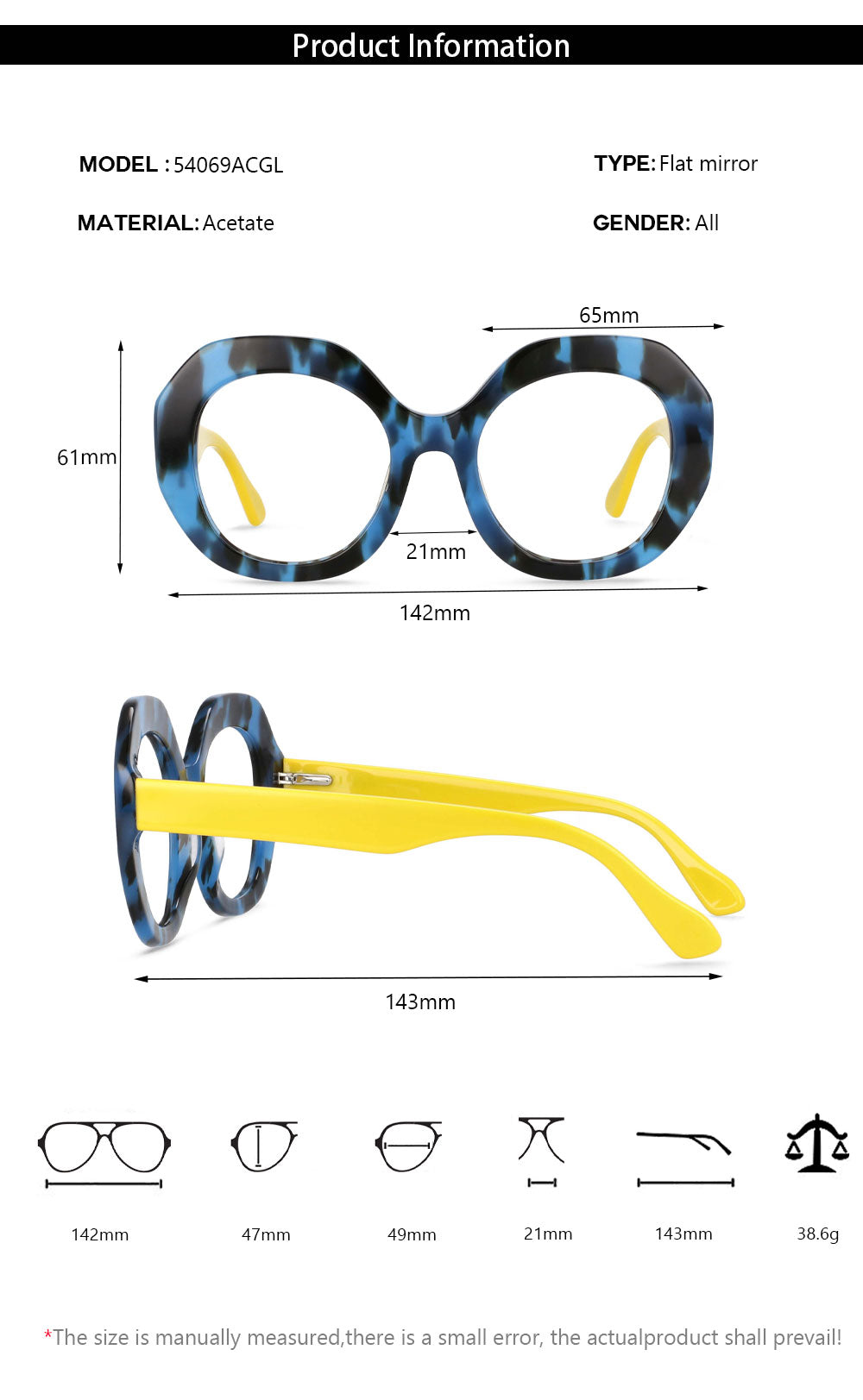 CCspace Women's Full Rim Oversized Round Acetate Frame Eyeglasses 54069 Full Rim CCspace