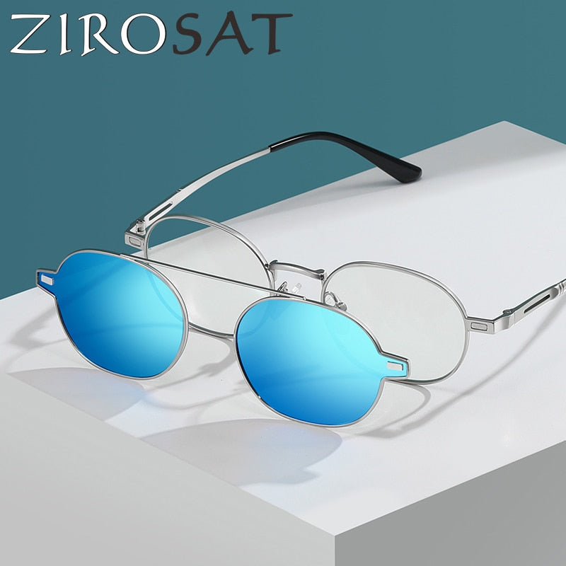 Zirosat Unisex Full Rim Round Alloy Eyeglasses Clip On Sunglasses CG8802 With Clip Ons Zirosat