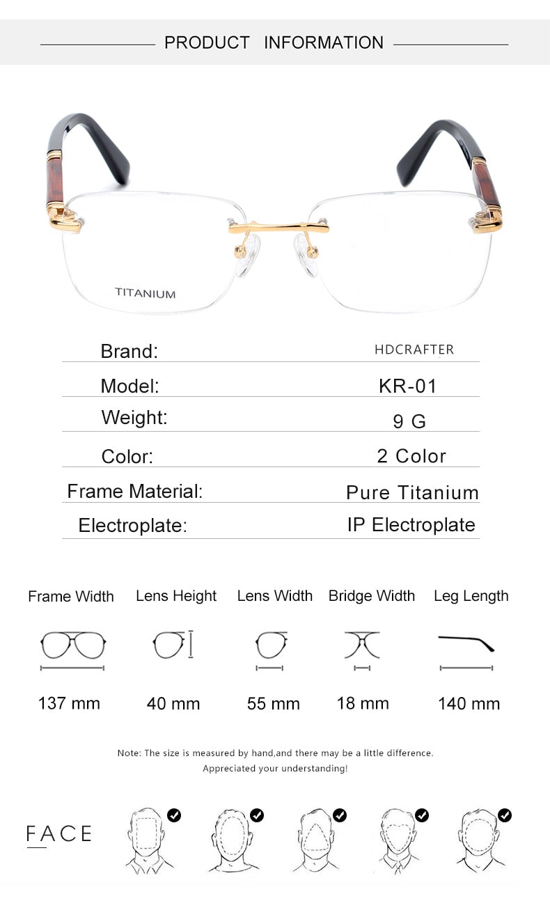 Hdcrafter Men's Rimless Square Rose Wood Temple Titanium Eyeglasses Ls01 Rimless Hdcrafter Eyeglasses