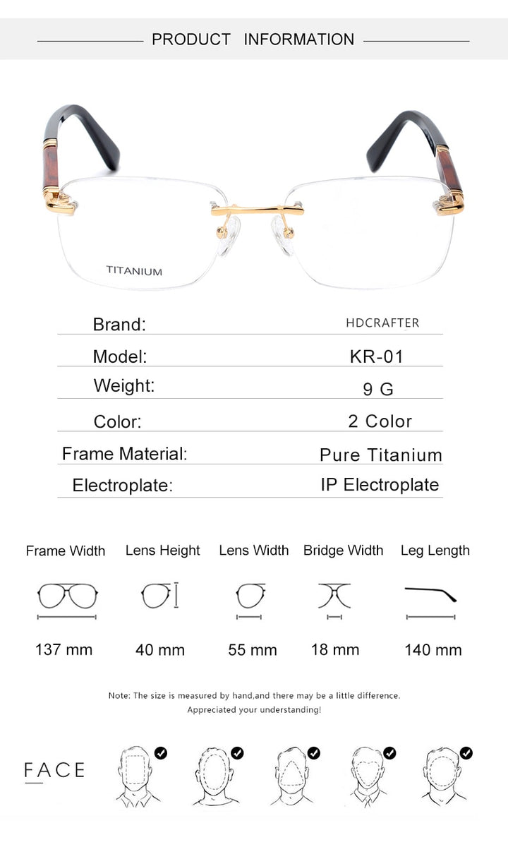 Hdcrafter Men's Rimless Square Rose Wood Temple Titanium Eyeglasses Ls01 Rimless Hdcrafter Eyeglasses