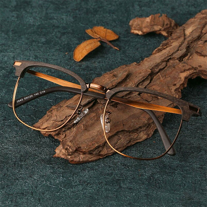 Hdcrafter Unisex Full Rim Oversized Round Square Wood Alloy Eyeglasses 3543 Full Rim Hdcrafter Eyeglasses Coffee-C19