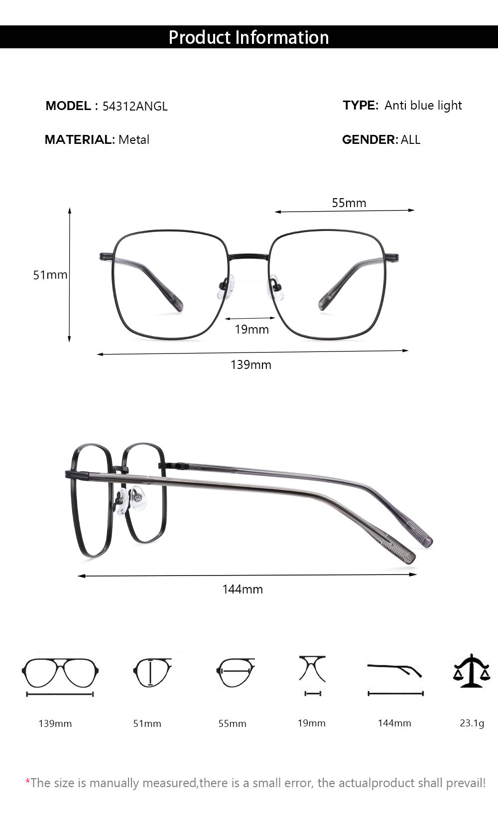 CCspace Unisex Full Rim Oversized Square Alloy Frame Eyeglasses 54312 Full Rim CCspace