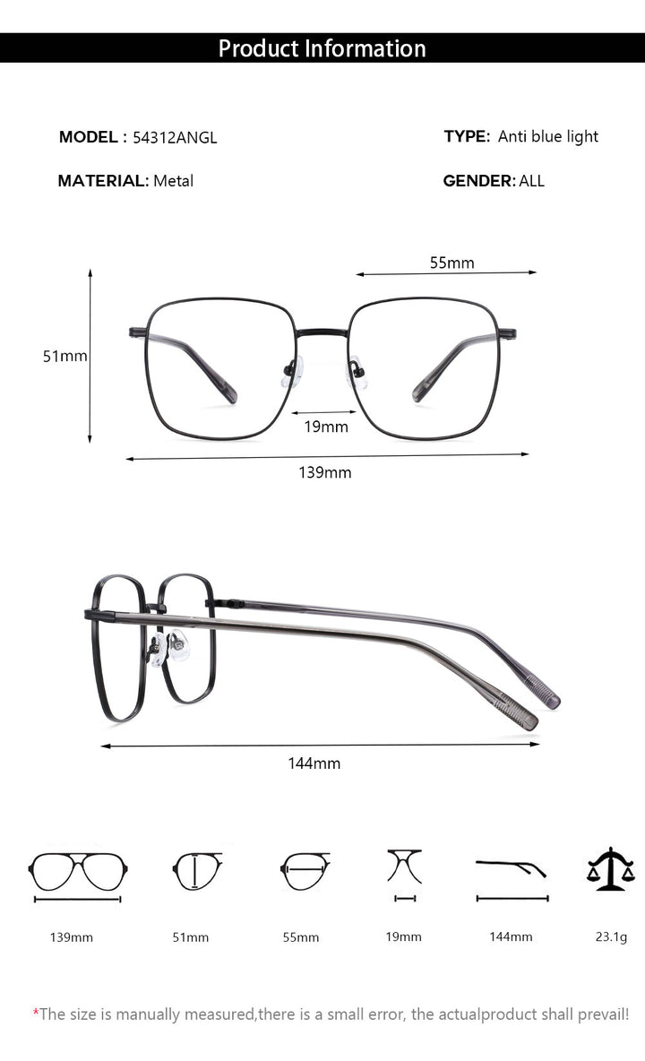 CCspace Unisex Full Rim Oversized Square Alloy Frame Eyeglasses 54312 Full Rim CCspace
