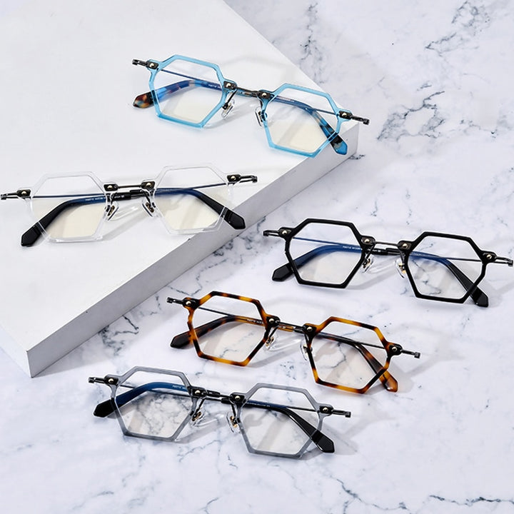 Gatenac Unisex Full Rim Polygonal Square Titanium Acetate Frame Eyeglasses Gxyj754 Full Rim Gatenac