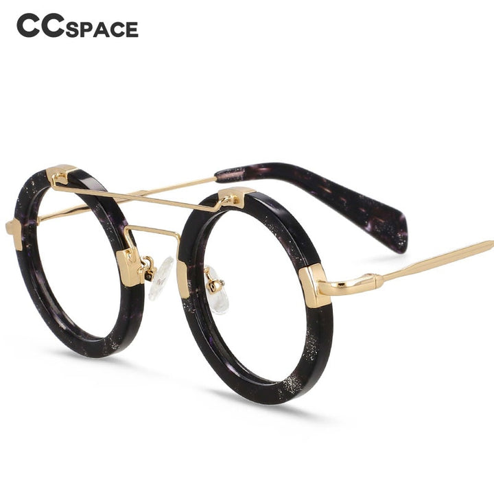 CCspace Unisex Full Rim Round Double Bridge Acetate Alloy Eyeglasses 55096 Full Rim CCspace