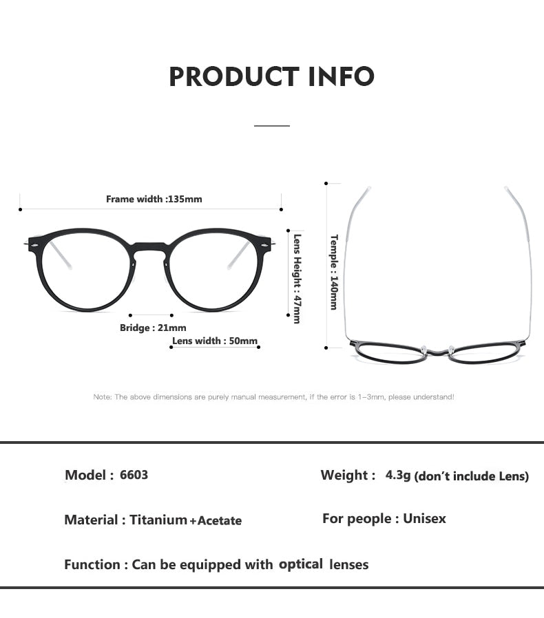 Oveliness Unisex Full Rim Round ScrewlessAcetate Titanium Eyeglasses 6603 Full Rim Oveliness