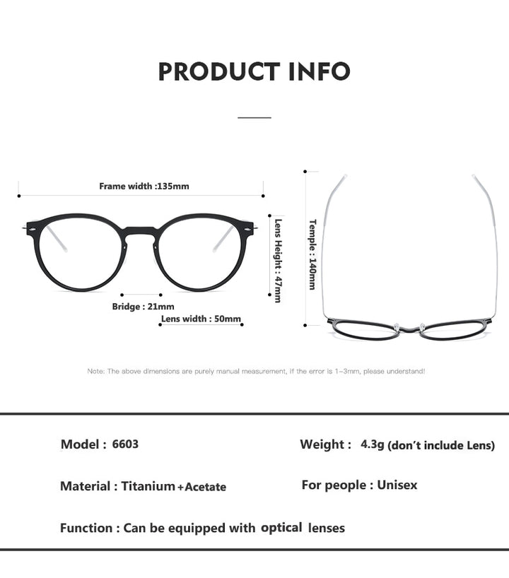 Oveliness Unisex Full Rim Round ScrewlessAcetate Titanium Eyeglasses 6603 Full Rim Oveliness