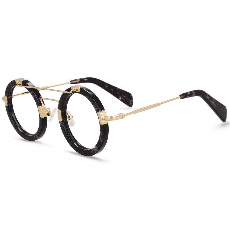 CCspace Unisex Full Rim Round Double Bridge Acetate Alloy Eyeglasses 55096 Full Rim CCspace MarbleGrain China