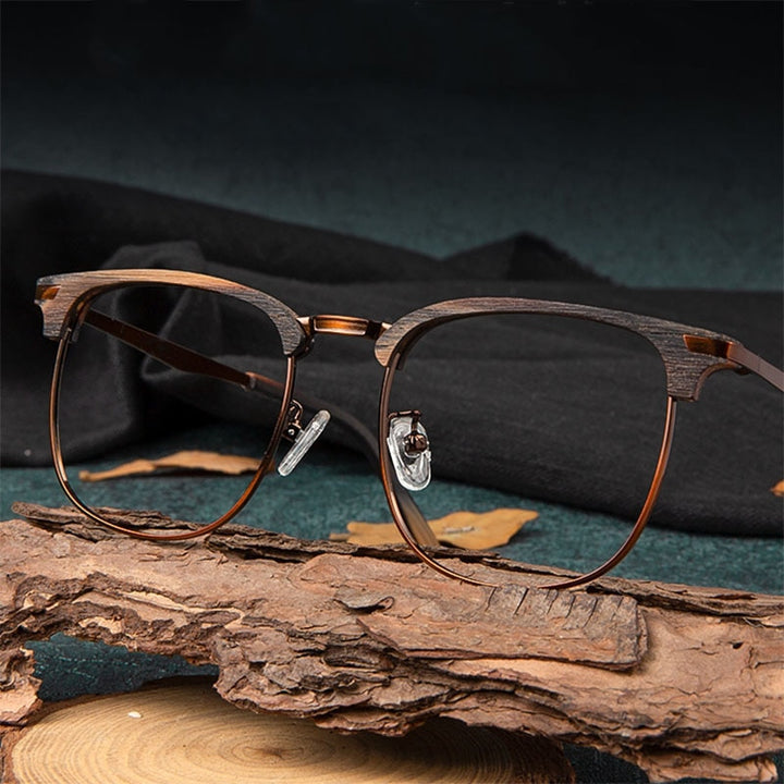 Hdcrafter Unisex Full Rim Oversized Round Square Wood Alloy Eyeglasses 3543 Full Rim Hdcrafter Eyeglasses