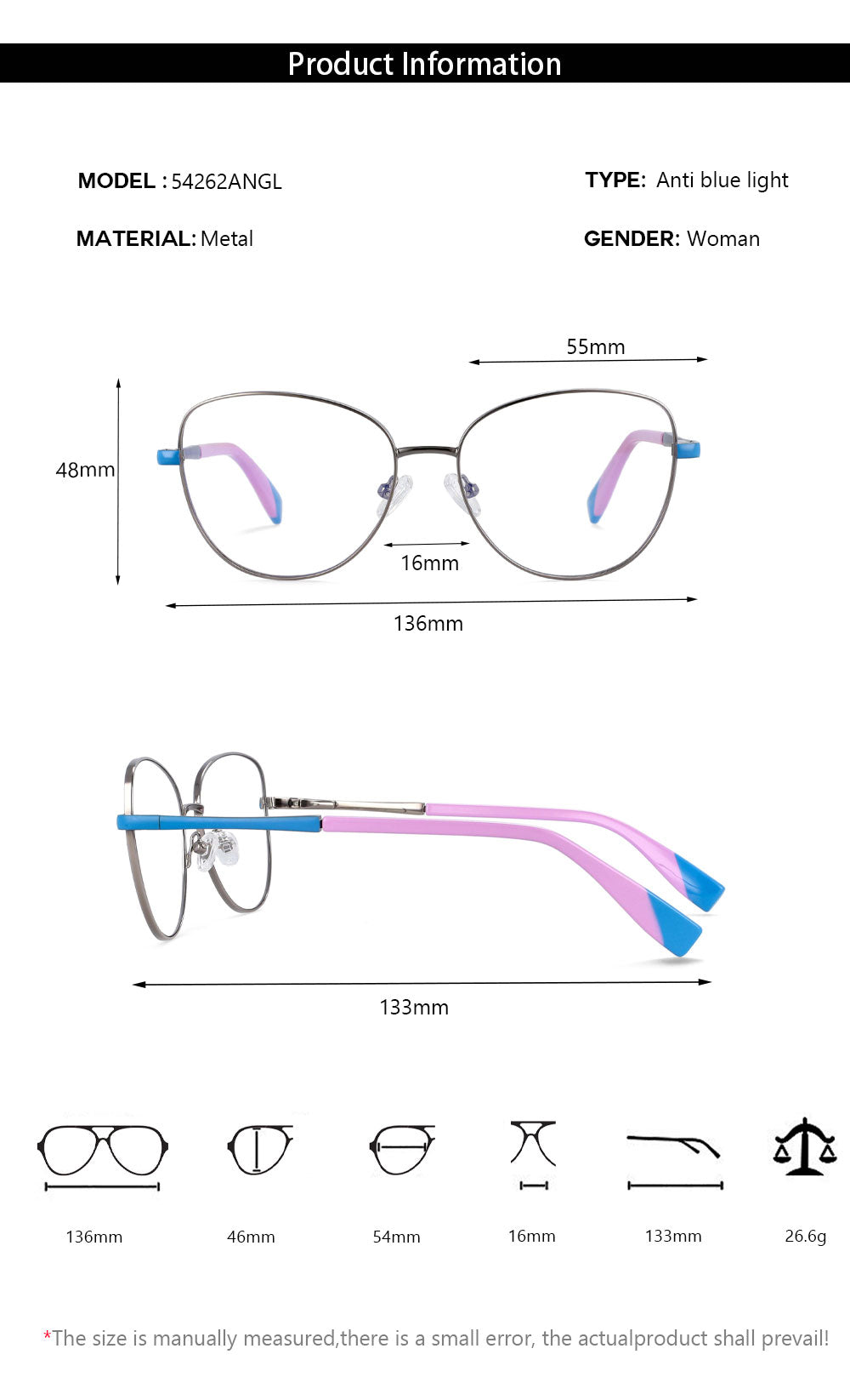 CCspace Unisex Full Rim Square Cat Eye Alloy Frame Eyeglasse 54262 Full Rim CCspace