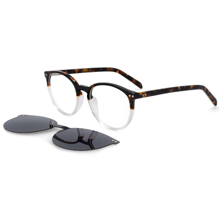 CCspace Unisex Full Rim Round Cat Eye Acetate Frame Eyeglasses Clip On Sunglasses 54331 With Clip Ons CCspace leopard-clear China white