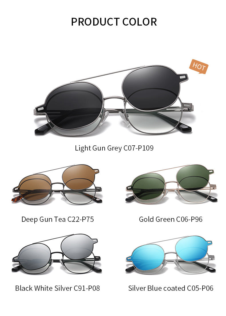 Zirosat Unisex Full Rim Round Alloy Eyeglasses Clip On Sunglasses CG8802 With Clip Ons Zirosat