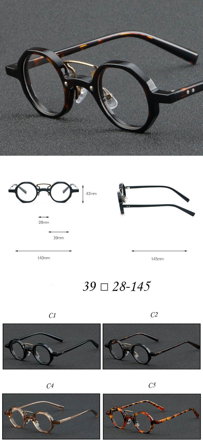 CCspace Unisex Full Rim Round Double Bridge Acetate Eyeglasses 55726 Full Rim CCspace
