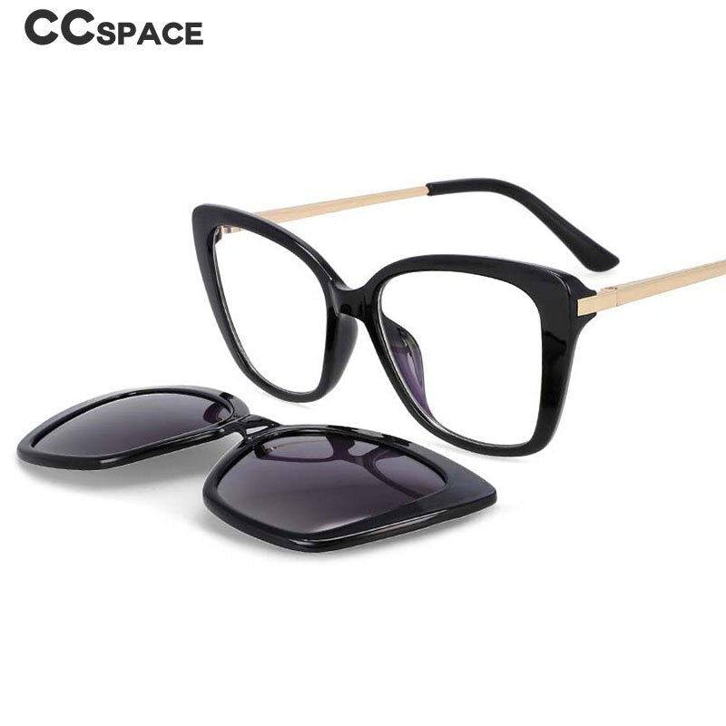 CCspace Women's Full Rim Rectangle Cat Eye Tr 90 Titanium Eyeglasses Clip On Sunglasses 53851 With Clip Ons CCspace