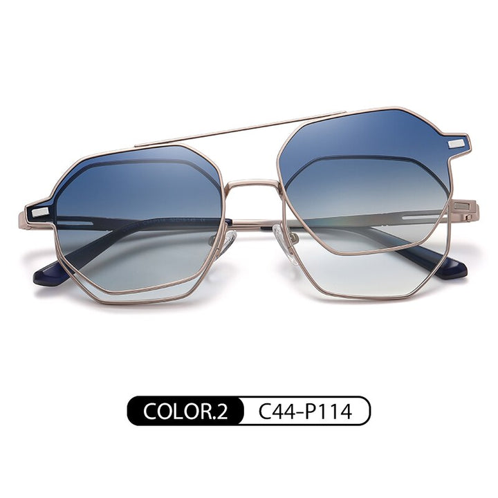 Zirosat Unisex Full Rim Polygon Round Alloy Eyeglasses Clip On Sunglasses CG8801 Clip On Sunglasses Zirosat blue  