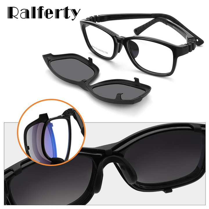 Ralferty  Unisex Children's Full Rim Square Acetate Eyeglasses With Polarized Clip On Sunglasses M18119 With Clip Ons Ralferty
