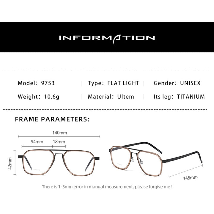 Zirosat Unisex Full Rim Polygon Double Bridge Titanium Acetate Eyeglasses 9753 Full Rim Zirosat