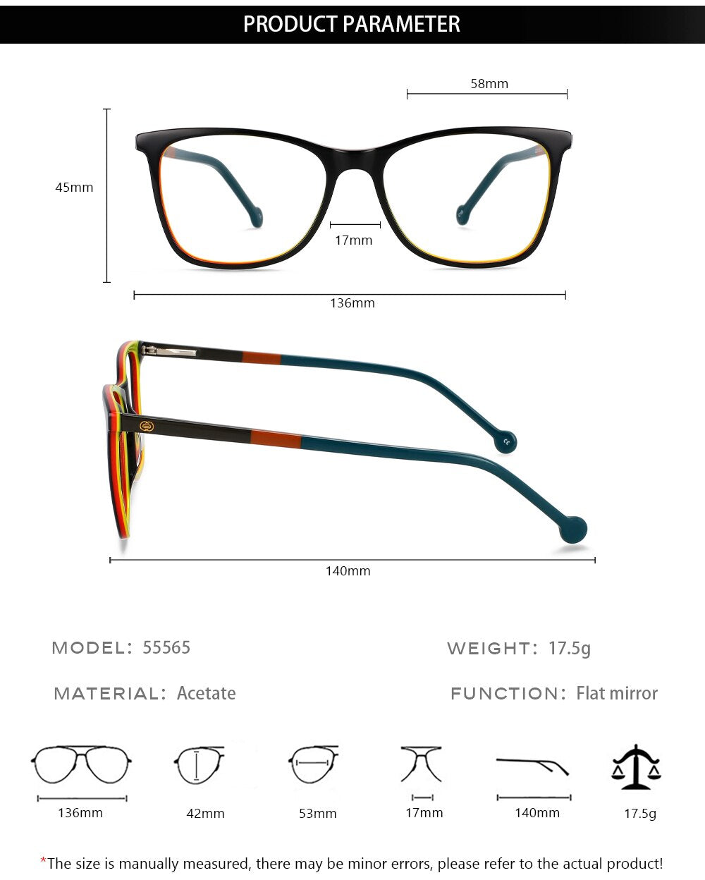 CCspace Unisex Full Rim Square Acetate Eyeglasses 55565 Full Rim CCspace