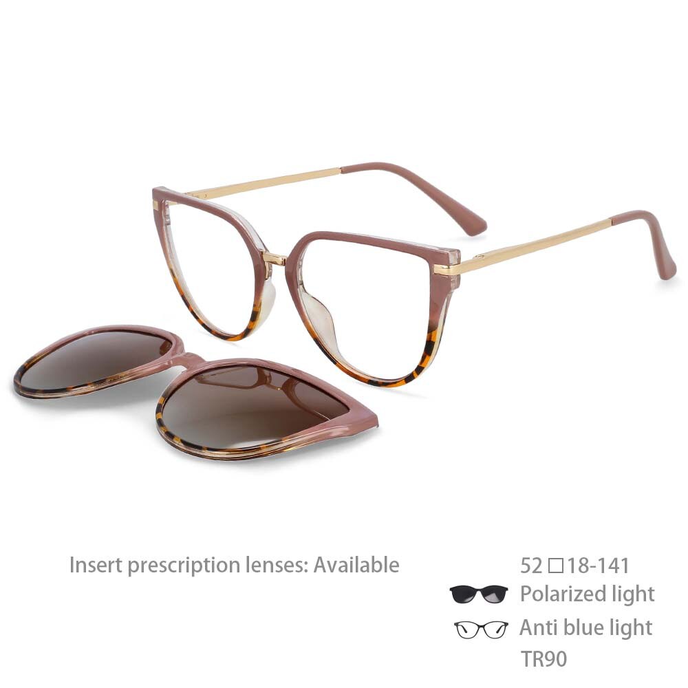 CCspace Unisex Full Rim Oversized Square Tr 90 Frame Eyeglasses Clip On Sunglasses 53791 With Clip Ons CCSpace China khaki-leopard