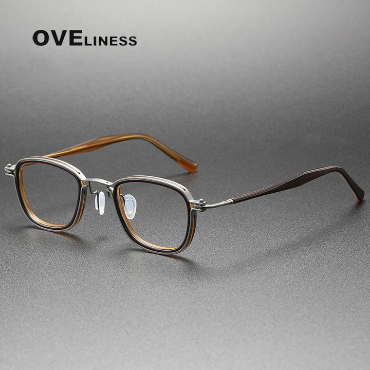 Oveliness Unisex Full Rim Round Square Acetate Titanium Eyeglasses 5861 Full Rim Oveliness brown gun